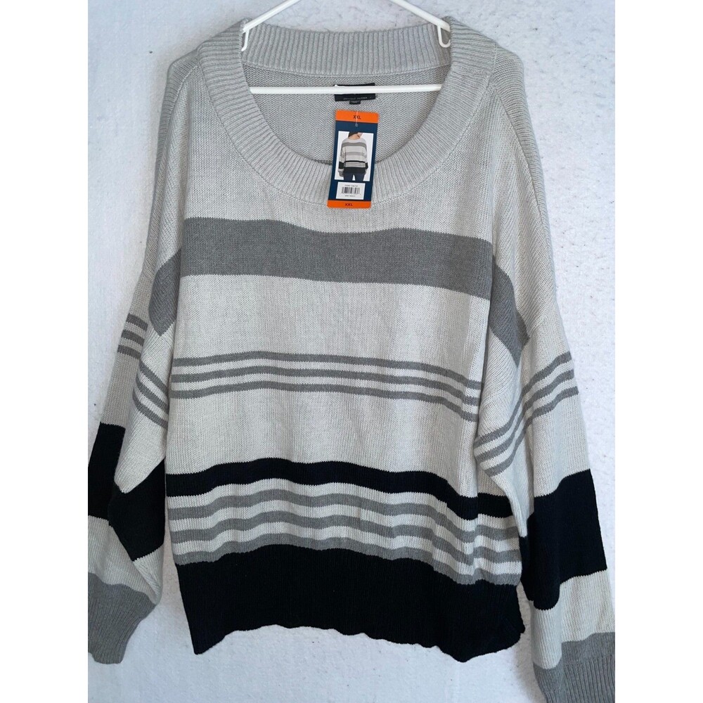 Lucky Brand Sweater Women's 2X Knit Striped Gray Black Cotton Scoop Neck XXL NWT
